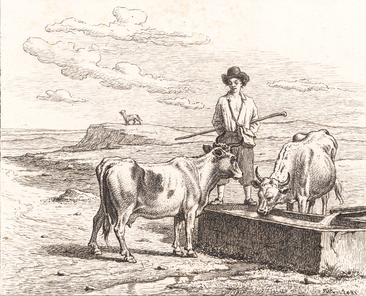 Ein Hirtenjunge an einem Wassertrog. Illustration zu Chr. Winther "Fünfundzwanzig Bilder für kleine Kinder" von Martinus Rørbye