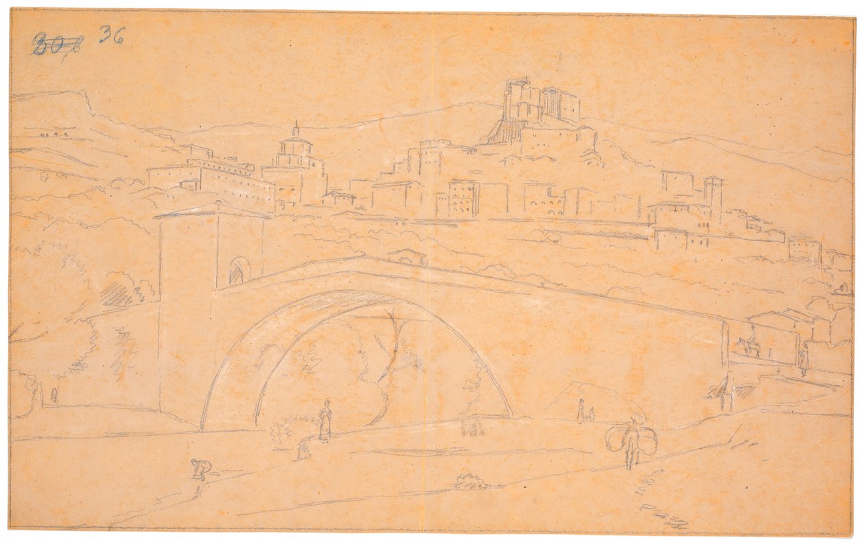 Italienische Landschaft mit einer Brücke über einen Fluss und der Stadt Subiaco im Hintergrund von Martinus Rørbye