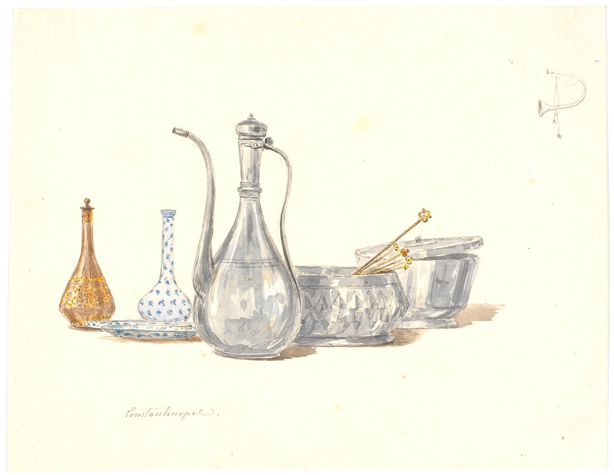 Türkische Gefäße, eine Kanne und zwei Flakons von Martinus Rørbye
