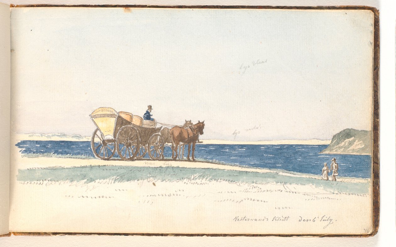 Ein Pferdewagen, der auf einer Düne nahe dem Wasser hält; zwei Menschen gehen auf den Wagen zu von Martinus Rørbye