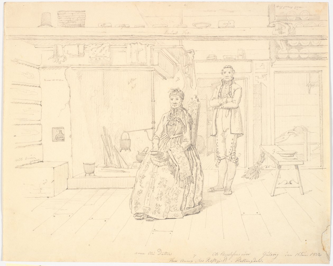 Norwegisches Bauernhaus mit "Anne Oles Datter und Ole Christofersøn Gulsvig" von Martinus Rørbye