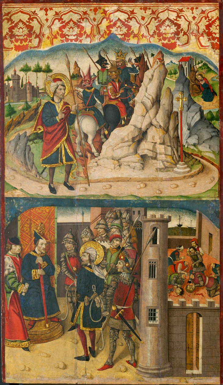 Der heilige Christophorus trifft Satan; Der heilige Christophorus vor dem König von Lykien von Martín de Soria