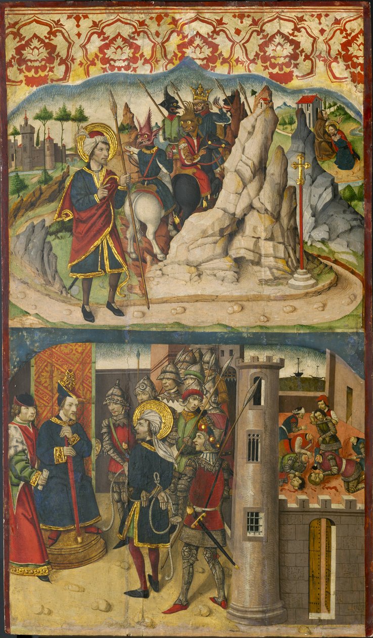 Der heilige Christophorus trifft Satan, der heilige Christophorus vor dem König von Lykien, 1480-85 von Martín de Soria