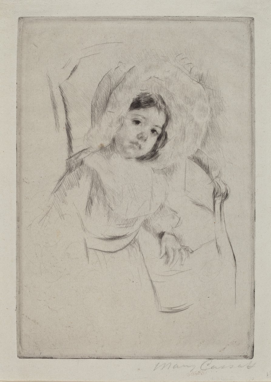 Margot mit einem schlaffen Hut, die sich an einen Stuhl lehnt von Mary Cassatt