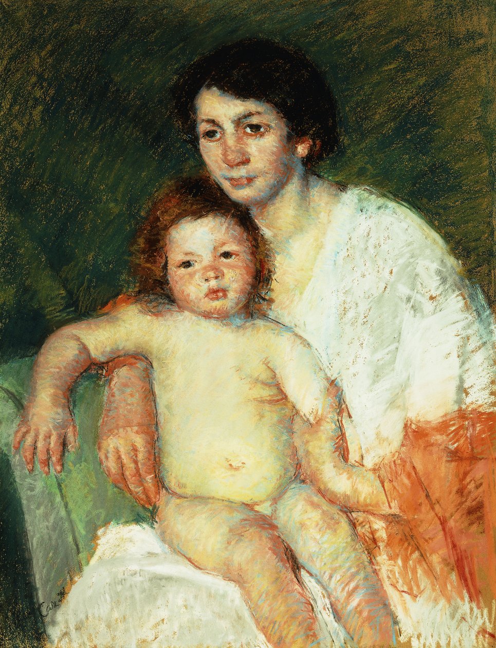 Nacktes Baby auf dem Schoß der Mutter, den rechten Arm auf die Stuhllehne gestützt von Mary Cassatt