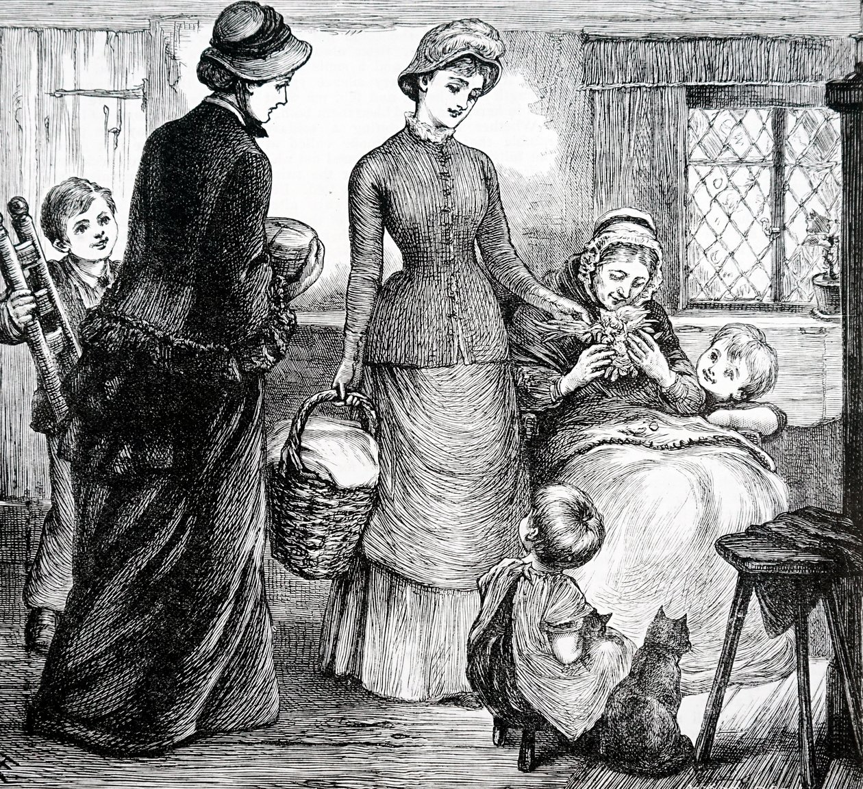 Eine Frau, die einem armen Häusler Geschenke gibt. Von Mary Ellen Edwards (1838-1934), eine englische Künstlerin von Mary Ellen Edwards