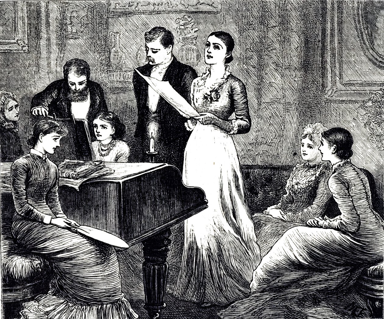 Eine Gravur, die einen musikalischen Abend darstellt. Illustriert von Mary Ellen Edwards (1838-1934), einer englischen Künstlerin und Illustratorin von Kinderbüchern von Mary Ellen Edwards