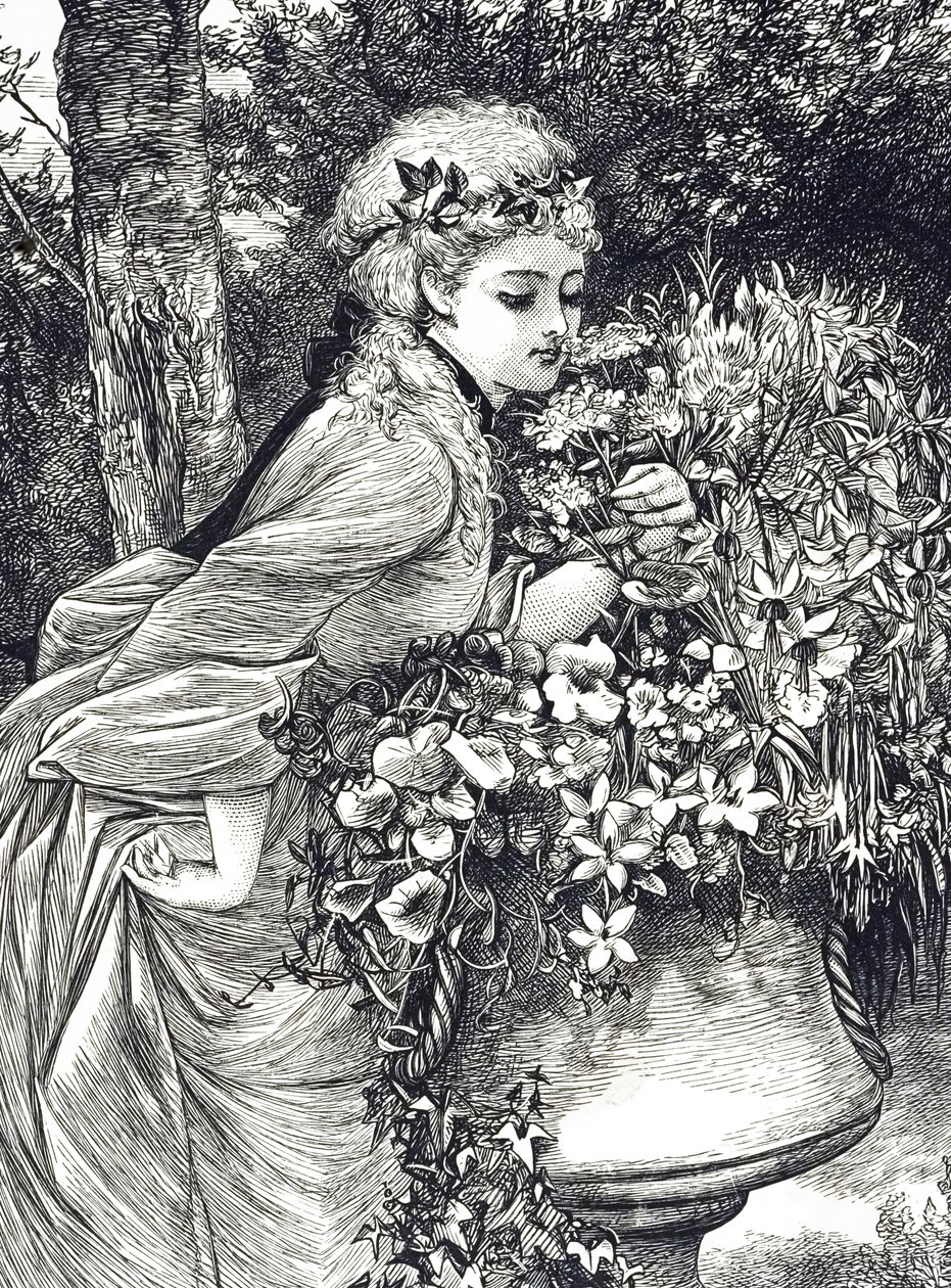 Eine Gravur, die ein junges Mädchen zeigt, das an Blumen riecht, die in einer Gartenurne untergebracht sind. Illustriert von Mary Ellen Edwards (1838-1934), einer englischen Künstlerin und Illustratorin von Kinderbüchern von Mary Ellen Edwards