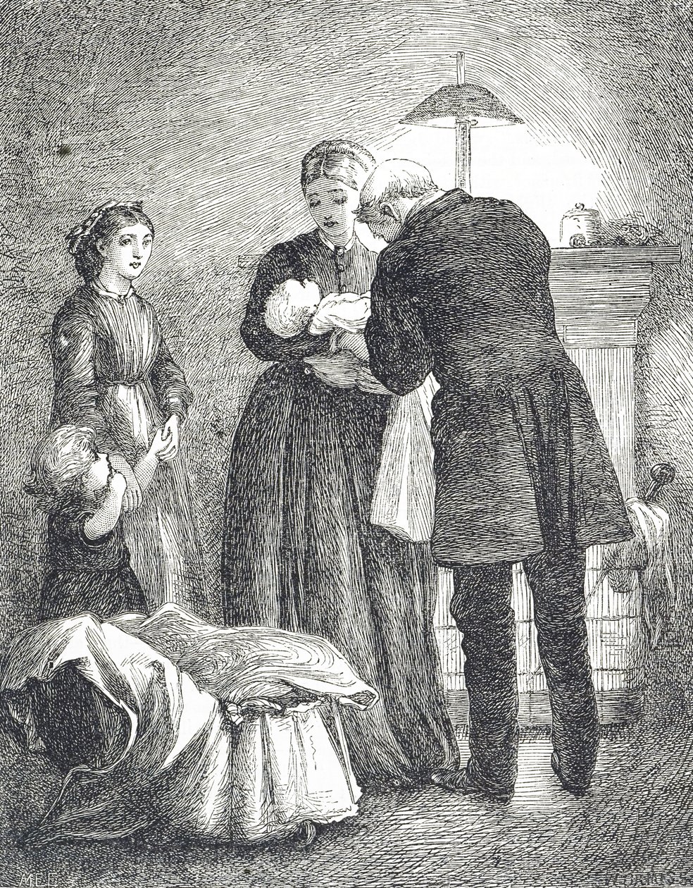 Gravur, die einen Arzt zeigt, der ein Baby mit Masern untersucht von Mary Ellen Edwards