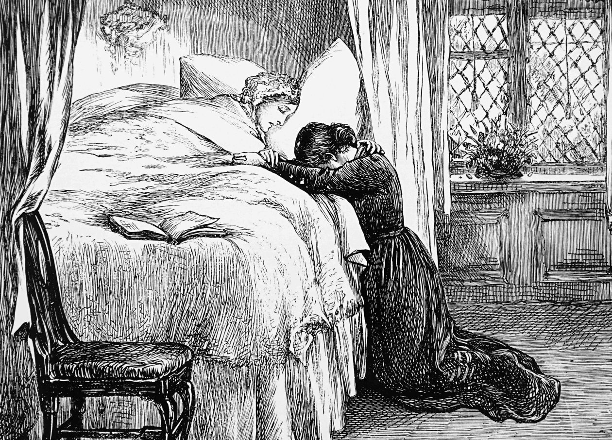 Illustration einer Tochter, die am Sterbebett ihrer Mutter weint von Mary Ellen Edwards