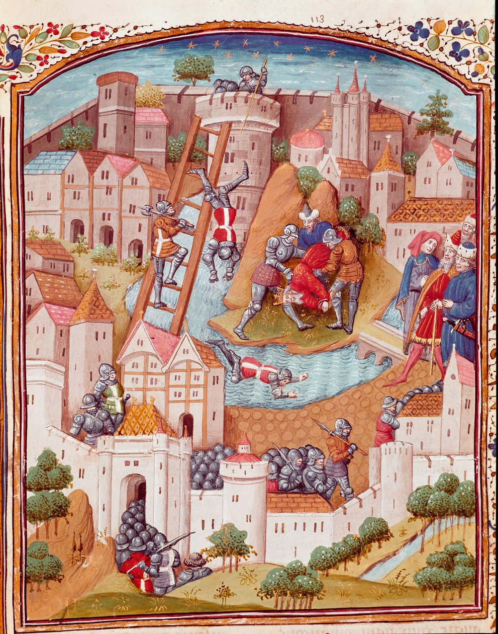 Eroberung einer befestigten Stadt. Miniatur aus „De casibus“ von Giovanni Boccaccio (1313-1375), italienischer Schriftsteller, übersetzt von Laurent de Premierfait und illuminiert vom Meister von Dunois (15. Jh.) von Master Dunois