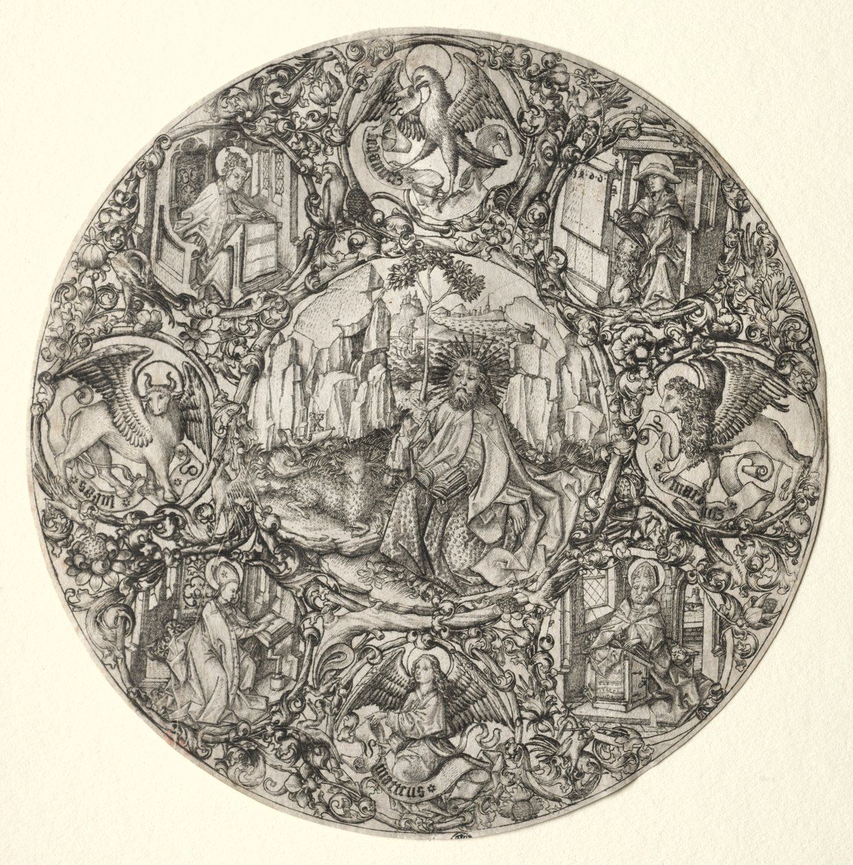 Johannes der Täufer umgeben von den Evangelisten und vier Vätern der lateinischen Kirche, 1466 von Master E. S.