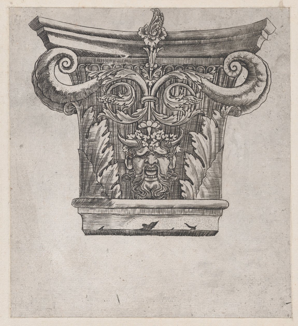Speculum Romanae Magnificentiae: Kapitell mit Erbsenschoten-Voluten und Satyrkopf, ca. 1537 von Master GA