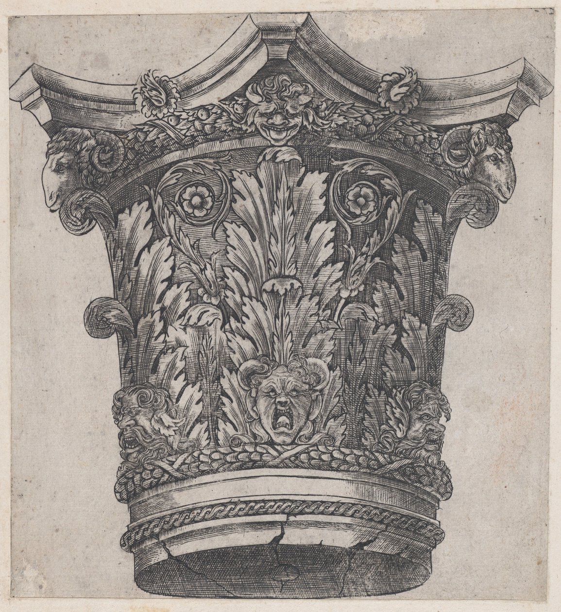 Speculum Romanae Magnificentiae: Kapitell mit Widderköpfen und Masken, ca. 1537 von Master GA