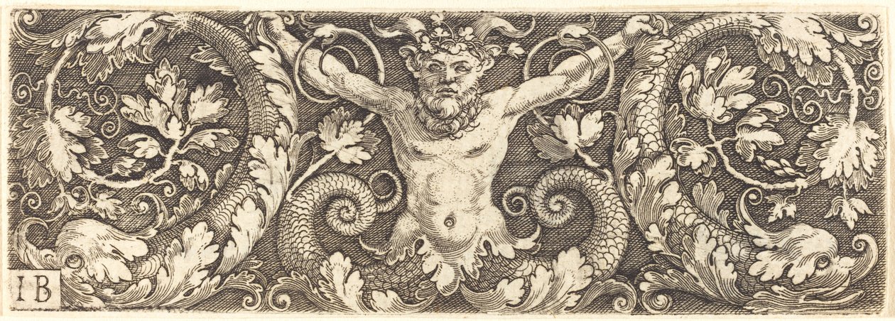Ornament mit fantastischem Satyr und Delfinen von Master IB
