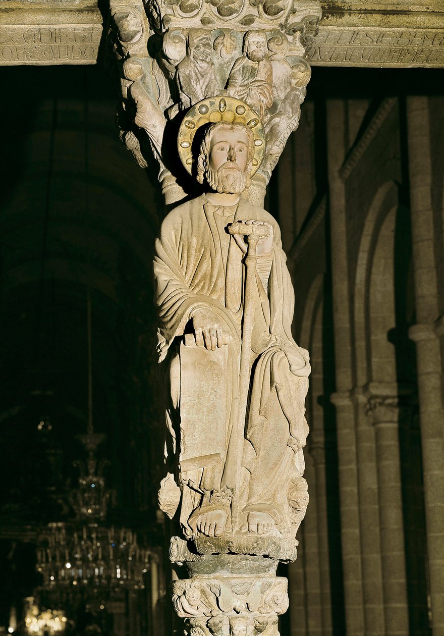 Pfosten mit Figur des Heiligen Jakobus, Pórtico de la Gloria, Kathedrale Santiago de Compostela von Master Mateo