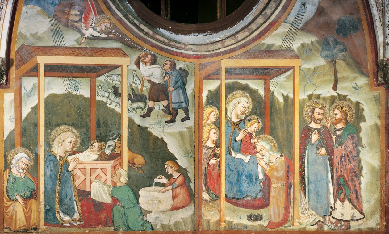Die Geburt Christi und die Anbetung der Weisen, aus der Kapelle der Madonna, Sacro Speco Kloster, Subiaco von Master Trecentesco of Sacro Speco School