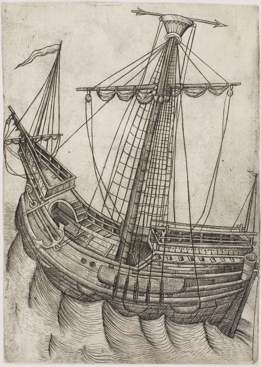 Schiff mit gerefften Segeln und Pfeil, der nach rechts zeigt von Master W with the Key