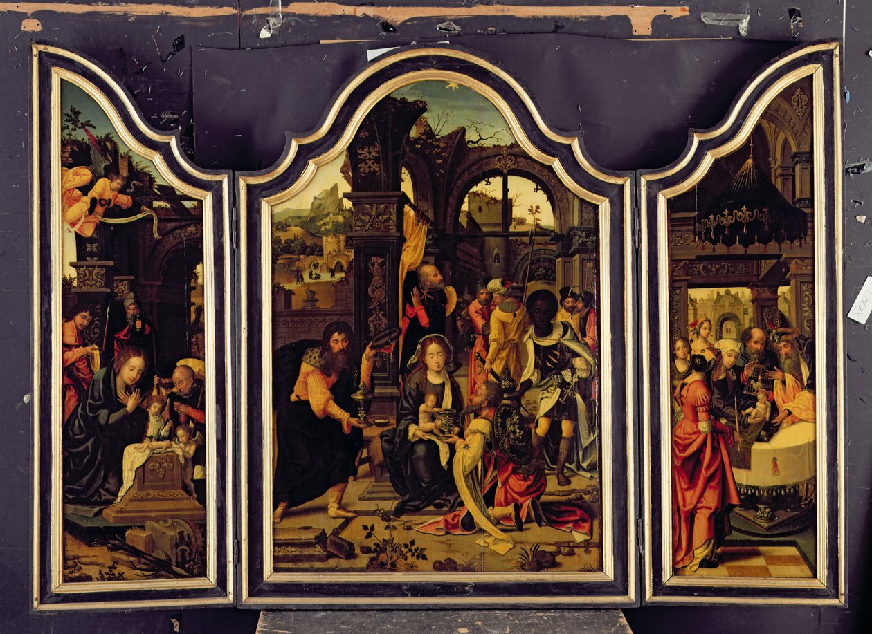 Ein Triptychon; Die Anbetung der Könige; Die Geburt Christi und Die Darstellung im Tempel; Die Verkündigung von Master of 1518
