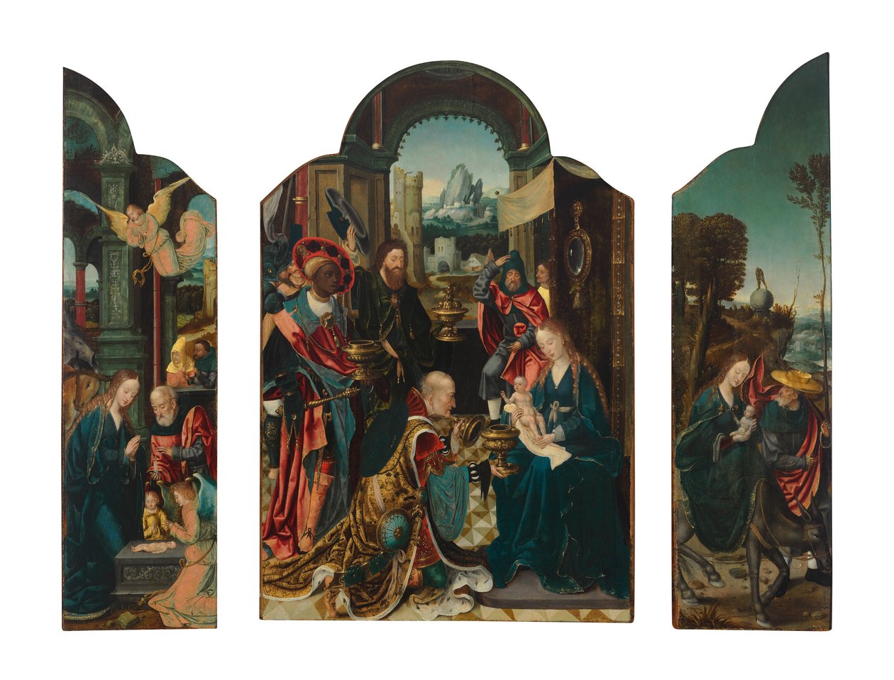 Ein Triptychon: das zentrale Panel: Die Anbetung der Könige; der linke Flügel: Die Geburt Christi; der rechte Flügel: Die Flucht nach Ägypten von Master of 1518