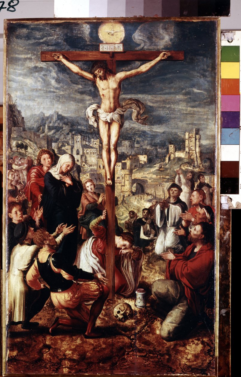 Kalvarienberg. Gebet um den gekreuzigten Christus mit der Stadt Jerusalem im Hintergrund. Inschrift "I.N.R.I." auf dem Kreuz und darüber die Taube des Heiligen Geistes. Unter den dargestellten Personen um Jesus Christus: die Jungfrau Maria, heiliger von Master of Brunswick