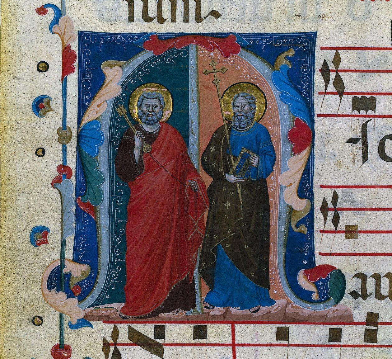 Blatt aus einem Graduale mit historisierter Initiale (M): SS. Peter und Andreas von Master of Isaac and Esau