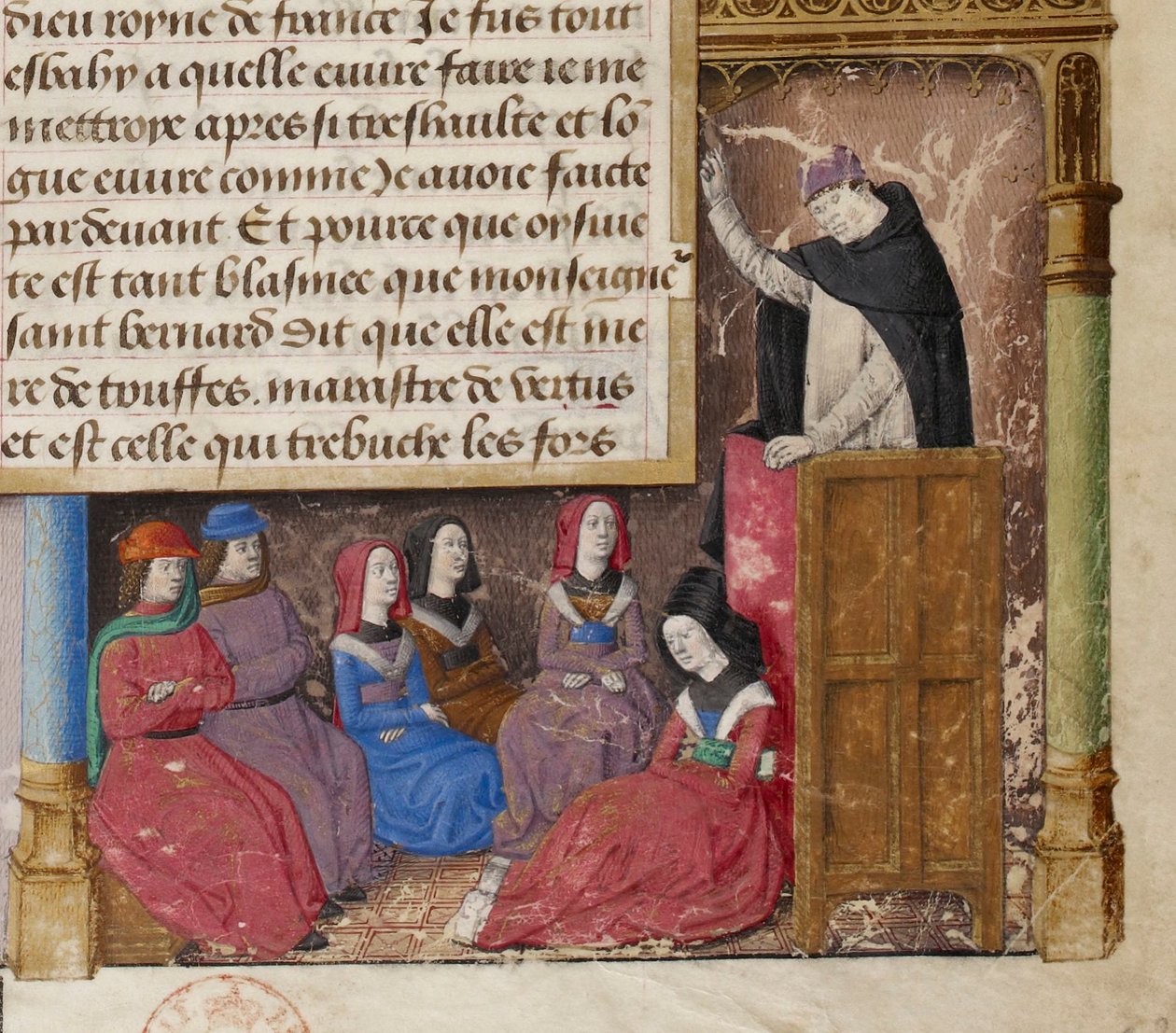 Jacques de Voragine predigend, Detail einer Miniatur aus einem Frontispiz eines Manuskripts der Goldenen Legende von Master of Jacques de Besançon