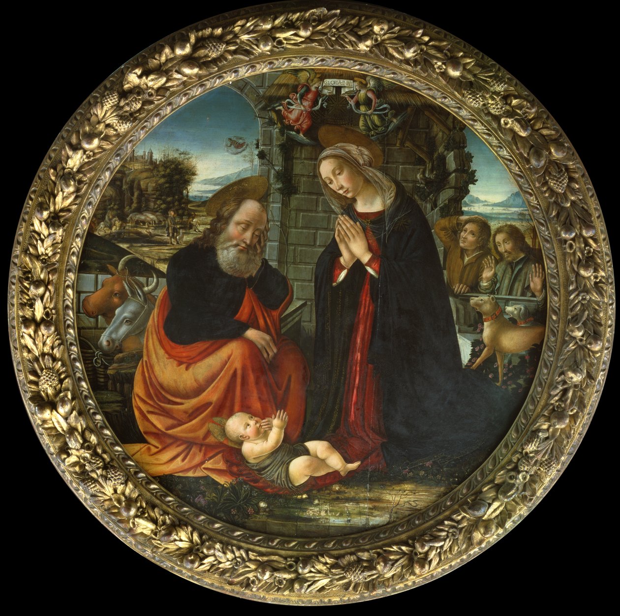 Die Geburt Christi, mit Maria und Joseph auf dem Weg nach Bethlehem, die Verkündigung an die Hirten und die Ankunft der Hirten von Master of Marradi