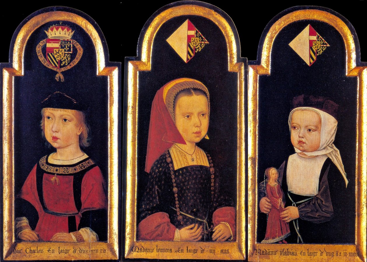 Erzherzog Karl, der spätere Heilige Römische Kaiser Karl V., mit seinen Schwestern Eleonore und Isabella im Alter von 2 Jahren, 1502 von Master of St.Georgsgilde