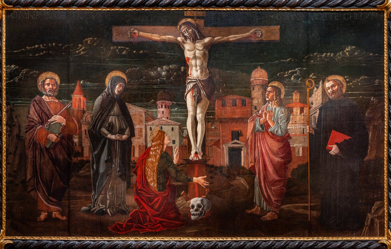 Gekreuzigter Christus unter St. Peter, der Jungfrau Maria, Maria Magdalena, St. Johannes dem Apostel und St. Benedikt von Master of St. Peter in Vicenza