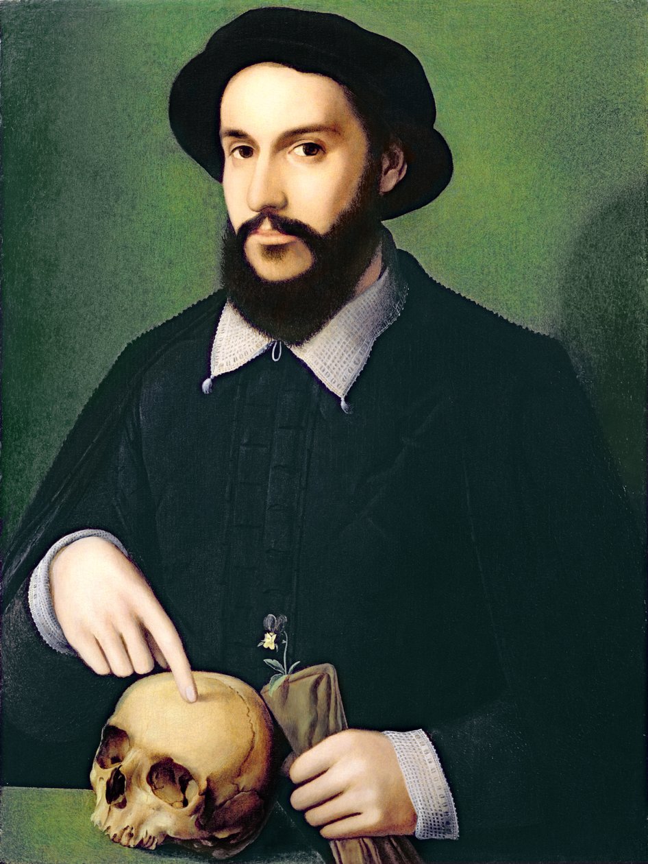 Porträt eines Gentlemans, der mit seiner rechten Hand auf einen Schädel zeigt, ca. 1540 von Master of the 1540s
