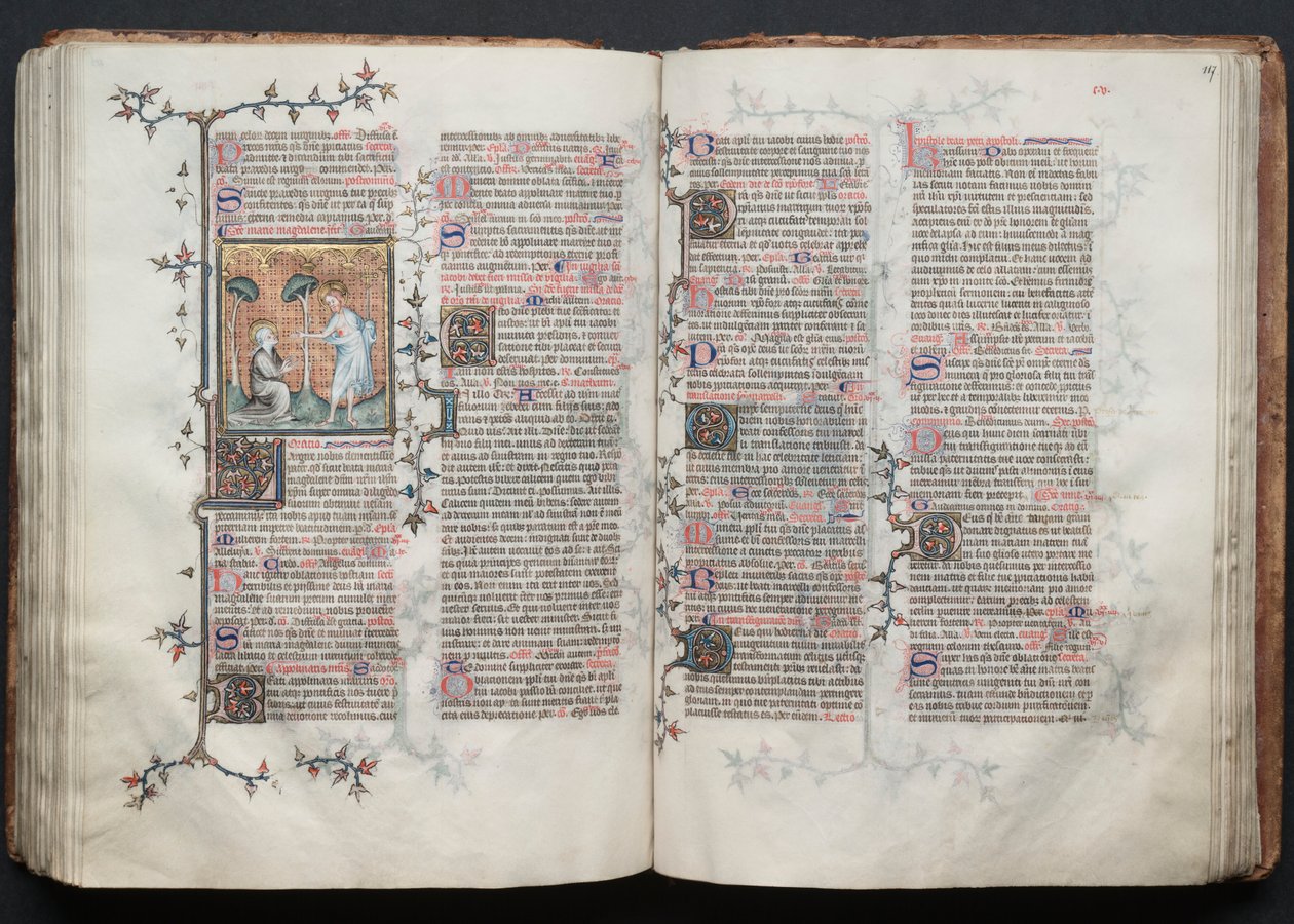 Das Gotha Missale: Fol. 116v, St. Maria Magdalena kniet, ca. 1375 von Master of the Boqueteaux