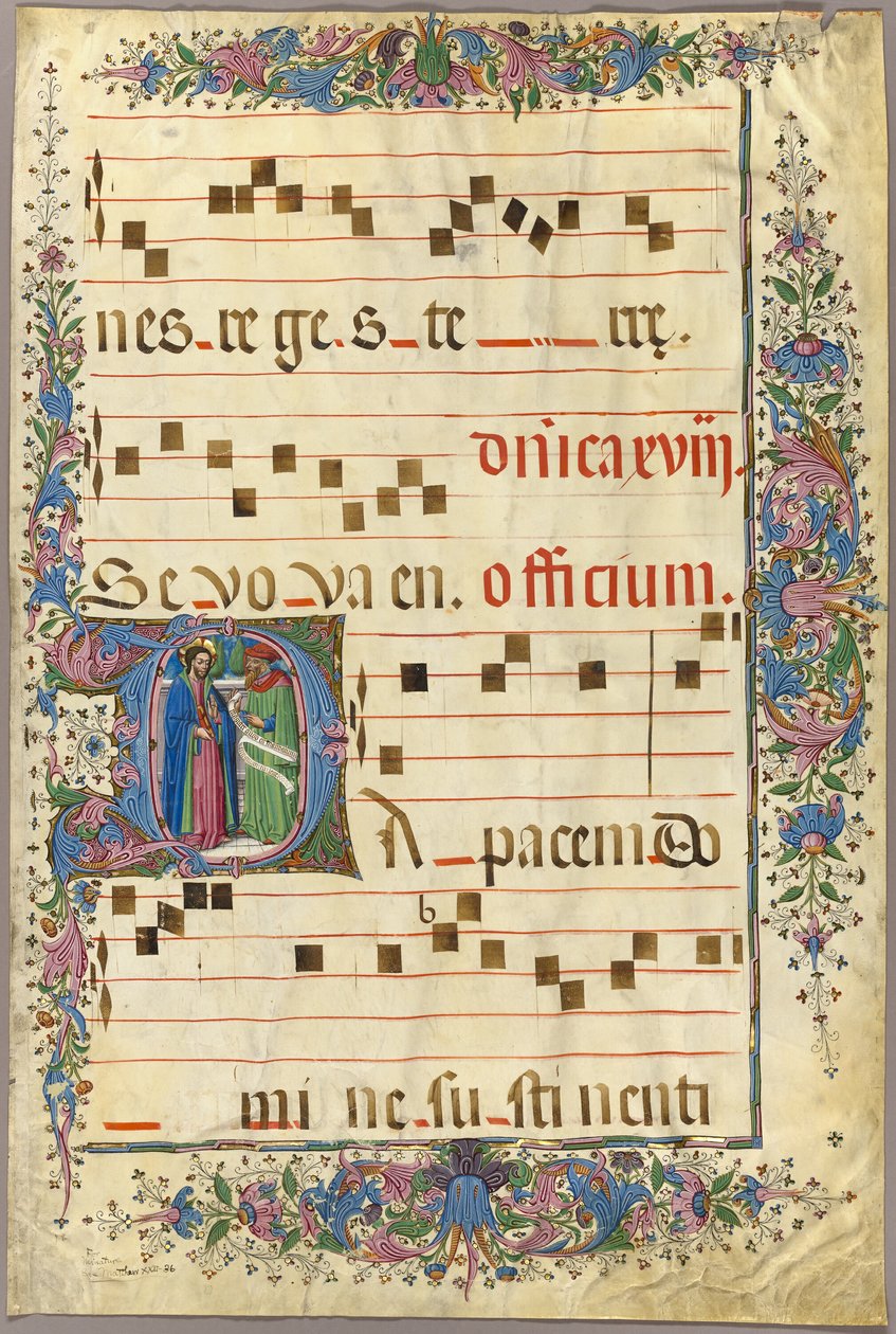 Seite aus einem Chorbuch mit Christus und einem Pharisäer in einem historisierten Initial "D" von Master of the Cypresses