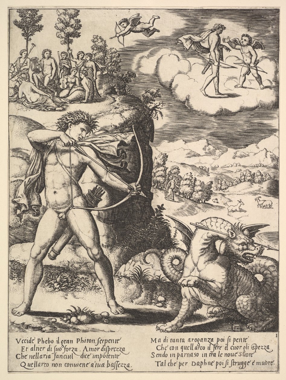 Apollo steht links und schießt einen Python mit einem Pfeil, oben links sind die Muse..., 1530-60 von Master of the Die