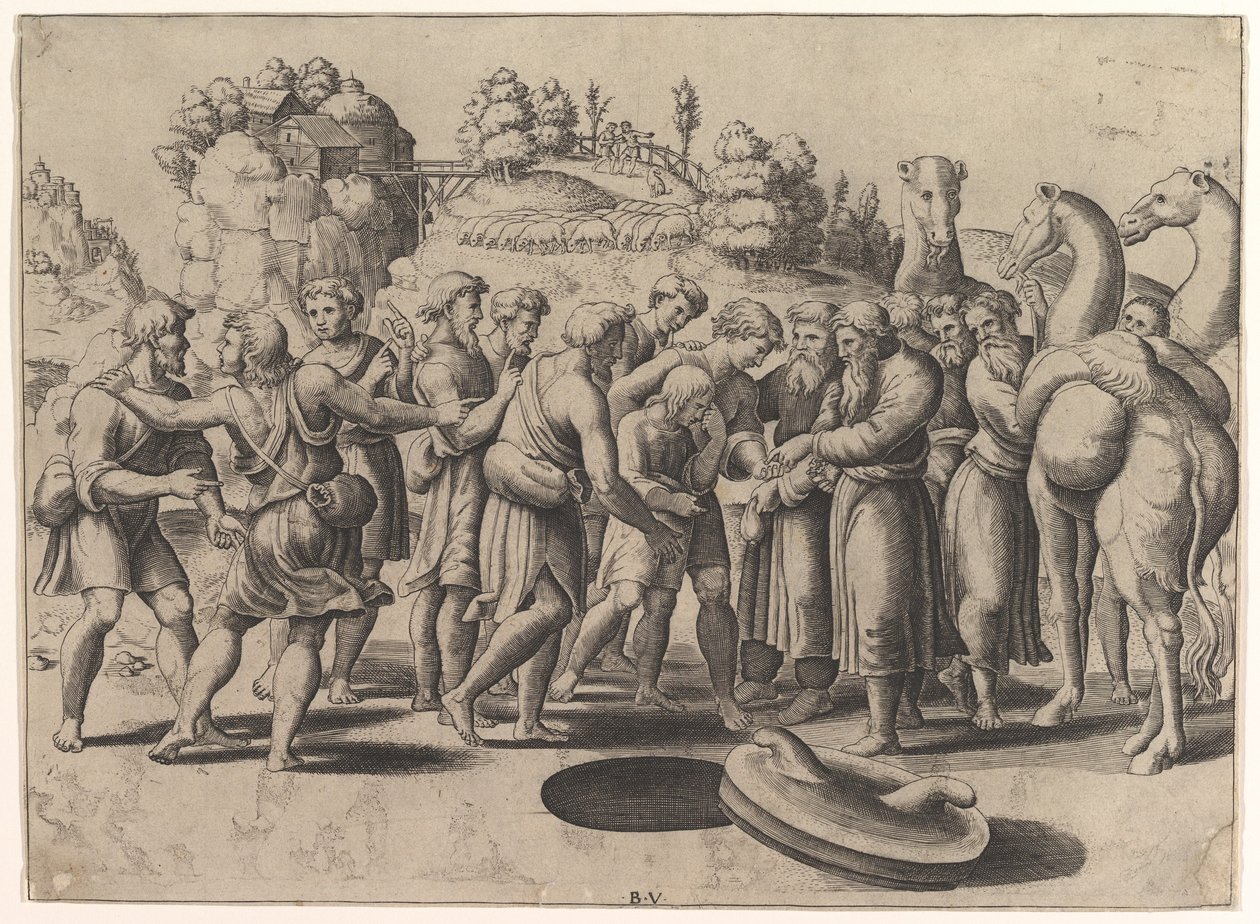 Joseph in der Mitte, von seinen Brüdern über einem Brunnen verkauft, Kamele rechts von Master of the Die
