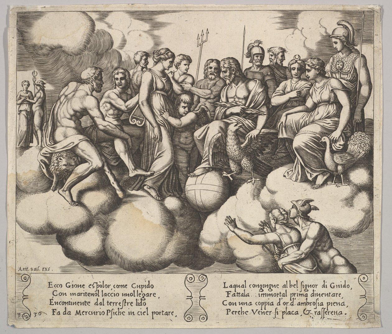 Tafel 30: Venus und Amor plädieren in Anwesenheit von Jupiter und anderen Göttern..., 1530-60 von Master of the Die