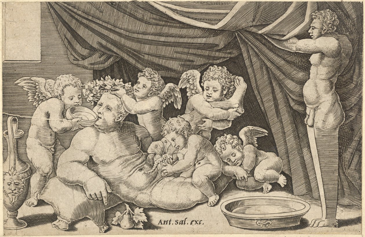 Speculum Romanae Magnificentiae: Bacchus umgeben von Putti mit Priapus haltend..., 16. Jahrhundert von Master of the Die