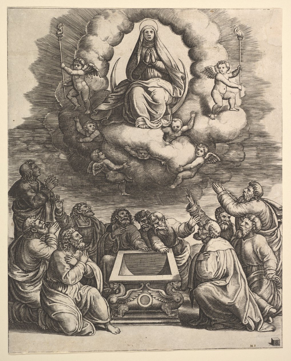 Mariä Himmelfahrt, unten umgeben die Apostel das Grab, 1530-60 von Master of the Die