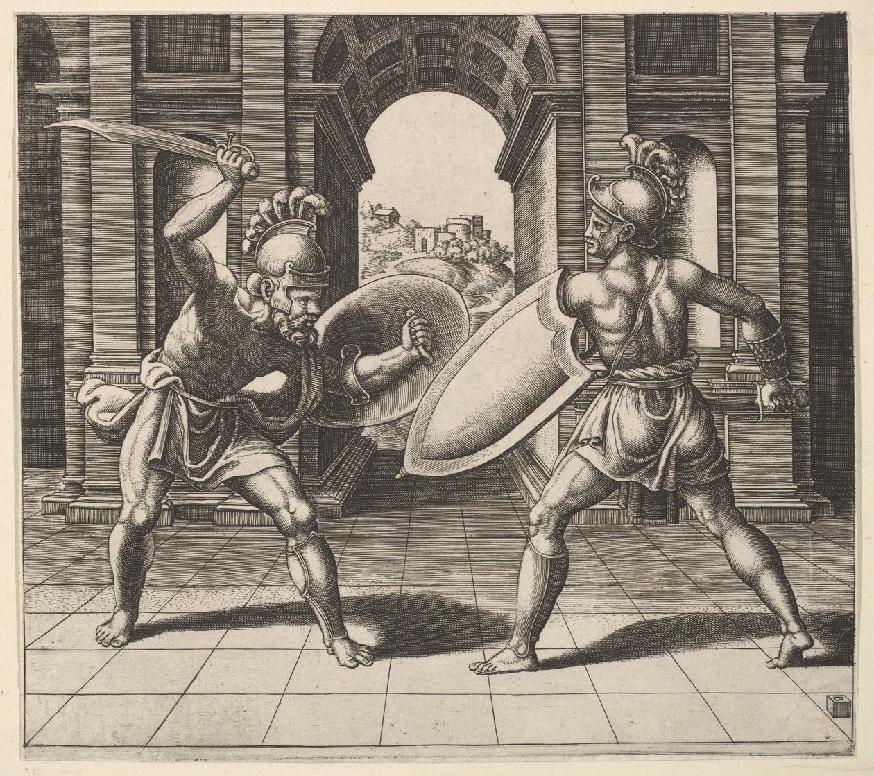 Zwei Gladiatoren kämpfen vor einem Bogen, 1530-60 von Master of the Die