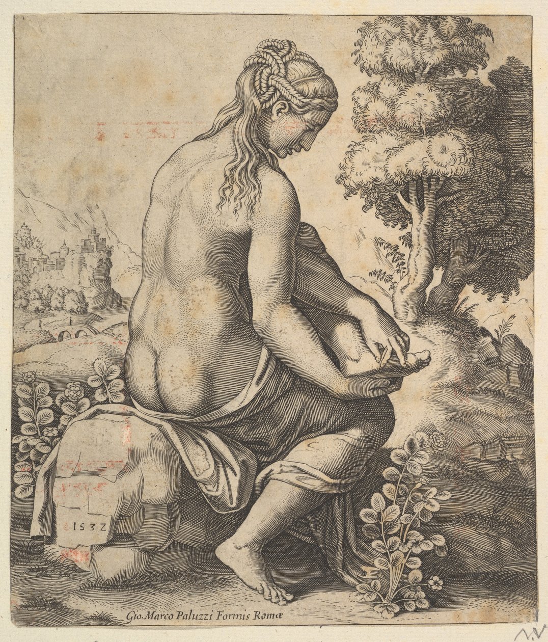 Venus entfernt einen Dorn aus ihrem Fuß, 1532 von Master of the Die
