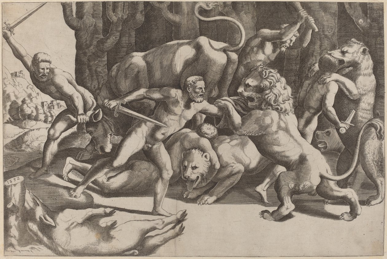 Fünf Männer kämpfen gegen Bestien von Master of the Die after Giulio Romano