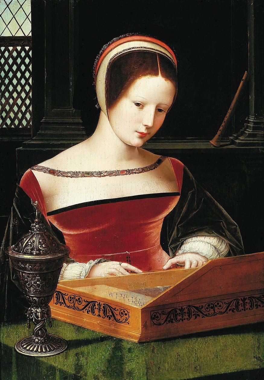 Dame spielt ein Klavichord von Master of the Female Half Lengths