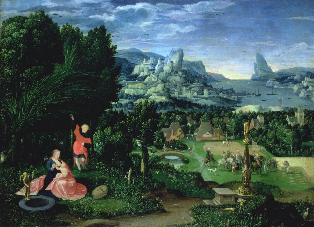 Die Rast auf der Flucht nach Ägypten, Landschaft gemalt von Joachim Patinir von Master of the Female Half Lengths