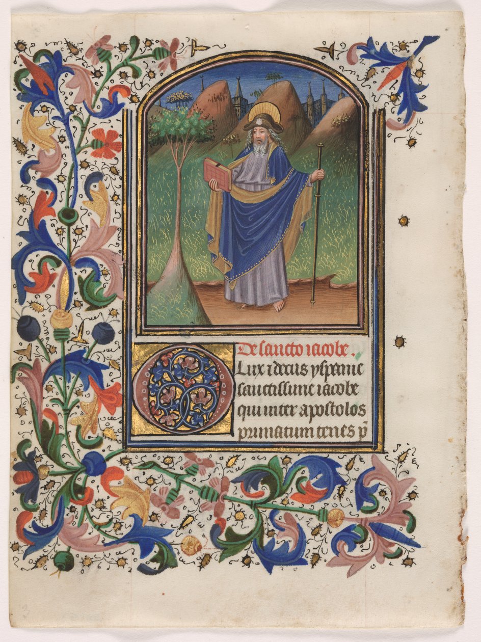 Blatt aus einem Stundenbuch: Heiliger Jakobus der Ältere von Master of the Gold Scrolls