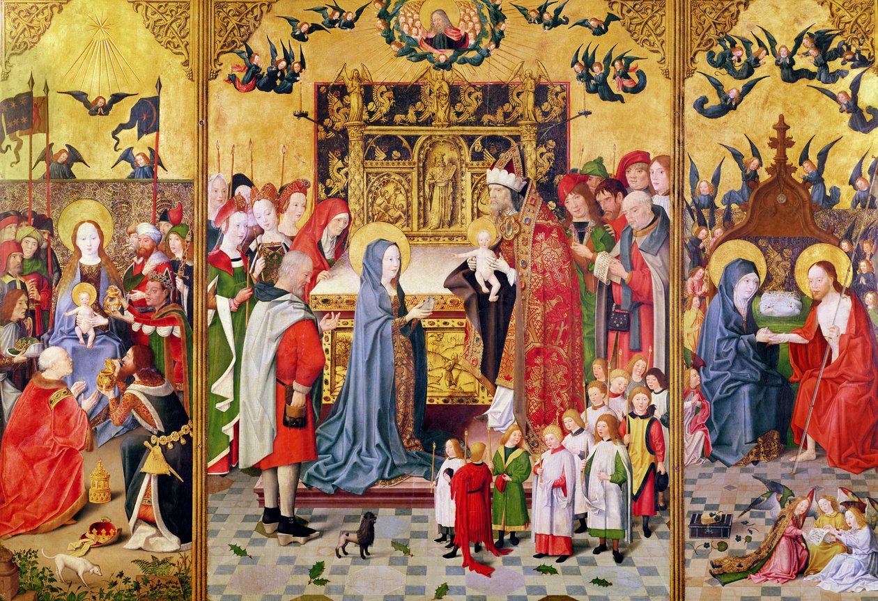 Altarbild der sieben Freuden der Jungfrau, Darstellung der Anbetung der Könige, der Darstellung im Tempel und des Erscheinens Christi vor Maria, ca. 1480 von Master of the Holy Family