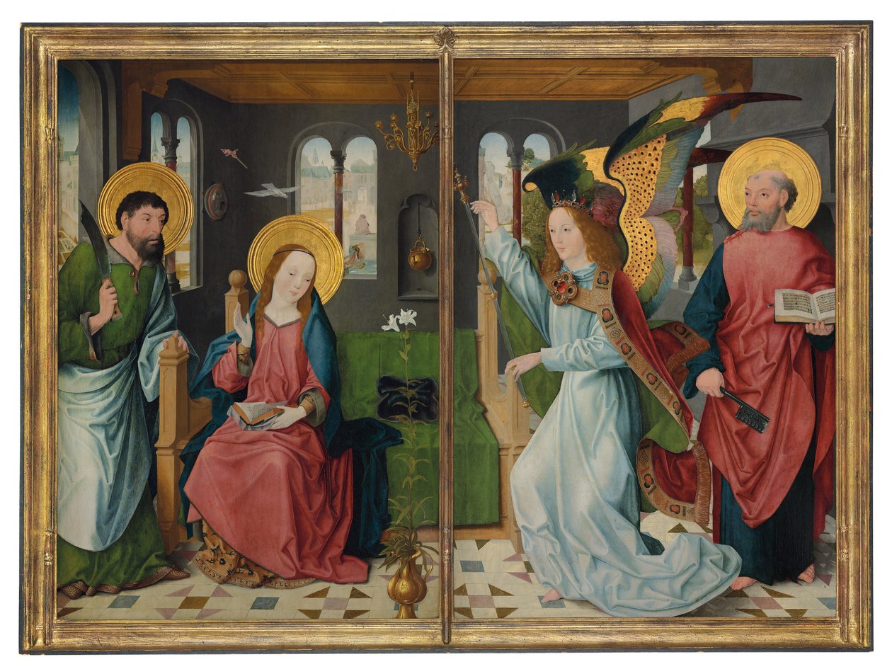 Die Verkündigung, mit den Heiligen Bartholomäus und Petrus, zwei Flügel eines Altars von Master of the Holy Kinship