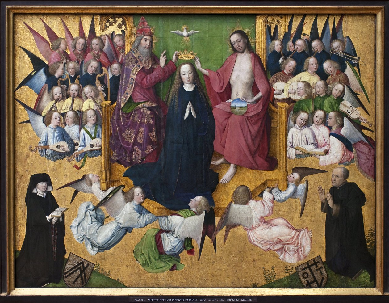 Die Krönung Mariens. Darstellung der Heiligen Dreifaltigkeit: Gott, Jesus Christus und die Taube des Heiligen Geistes. von Master of the Lyversberg Passion