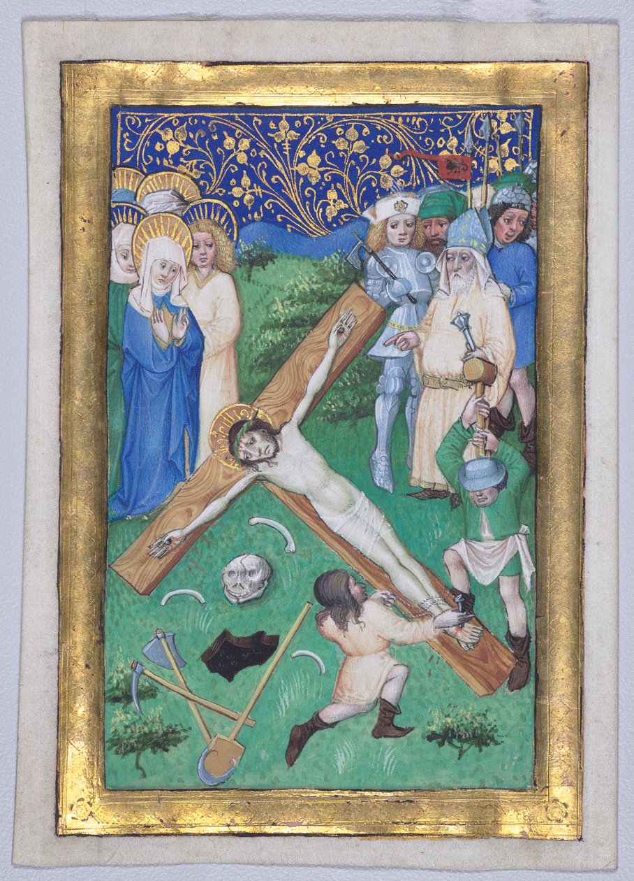 Blatt aus einem Stundenbuch: Christus wird ans Kreuz genagelt von Master of the Maximilian Schoolbooks