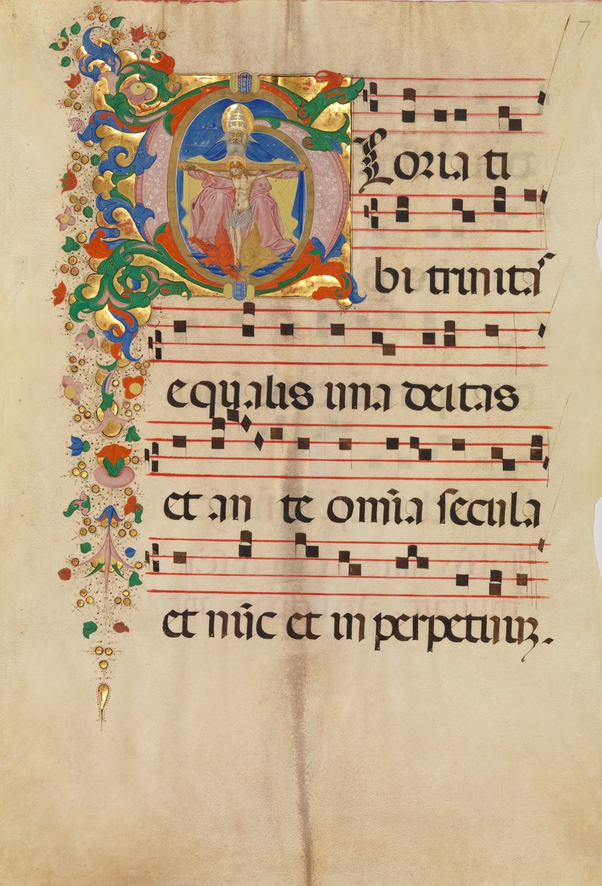 Manuskriptblatt mit der Dreifaltigkeit in einem Initial G, aus einem Antiphonar, zweite Hälfte des 15. Jahrhunderts von Master of the Riccardiana Lactantius