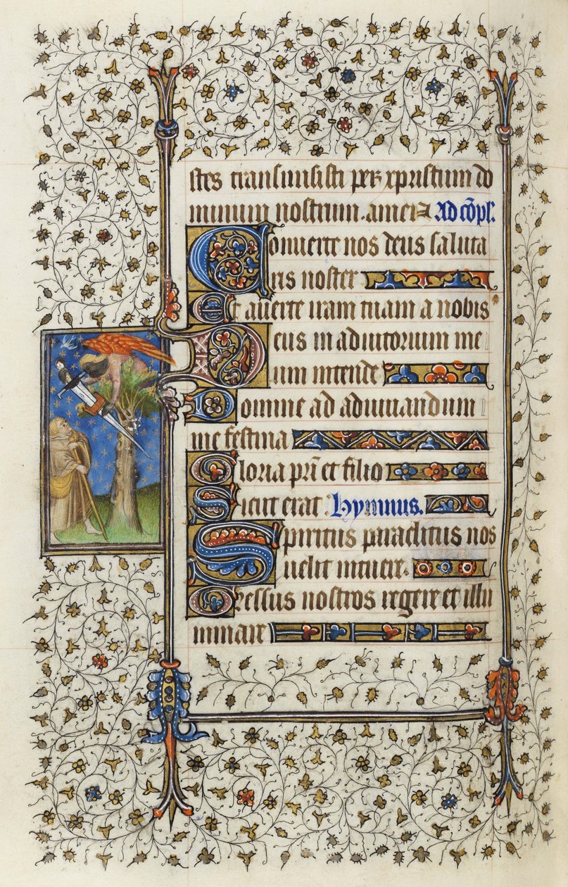 Ms 62 f.132v Geflügelte Figur in einem Baumwipfel mit Buch, durchbohrt von einem Schwert, aus den 